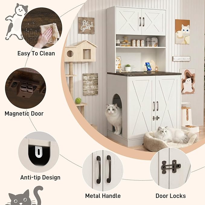 71Inches Tall Cat Litter Box Enclosure for Cats W/Power Outlets,Open Shelves.Wooden Pet Washroom Furniture W/Locks,Cabinet.White Indoor Cats House,Hidden Cat Litter Box for Living Room,Bedroom