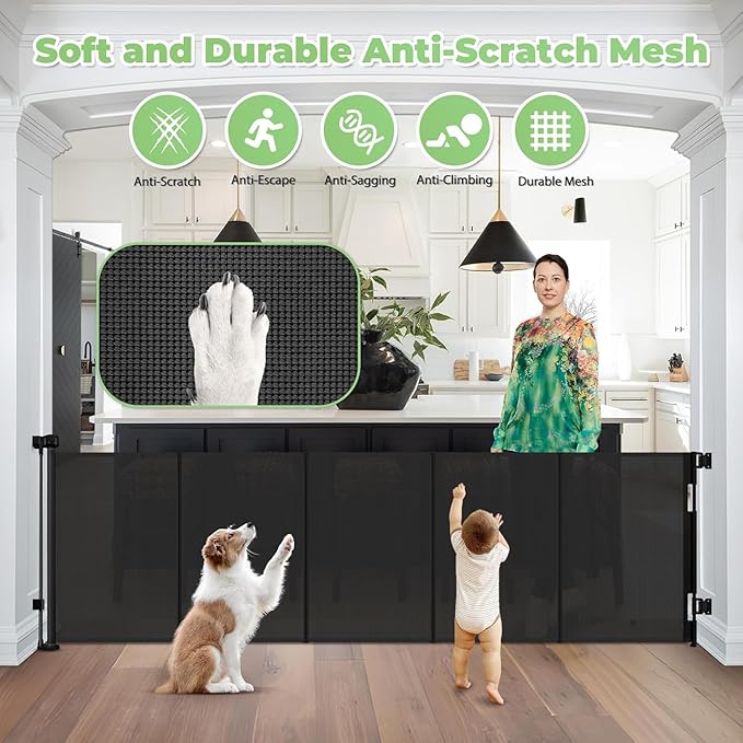 Reinforced 120 Inch Retractable Baby Gates Extra Wide Dog Gate with Support Rods – Prevent Crawling Under, 10 Feet Extra Long Baby Gates for Large Openings, Indoor/Outdoor Retractable Dog Gate, Black