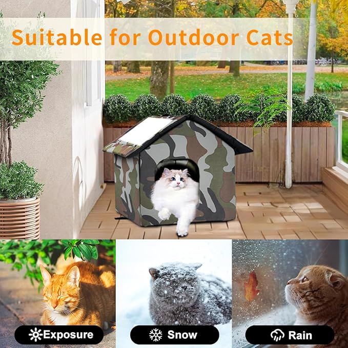 Cat House for Outdoor Cats, Weatherproof Feral Cat House with Mat and Doors, Easy to Put Together, Collapsible Warm Pet Nest Kitty Shelter for Winter, Never Blow Away