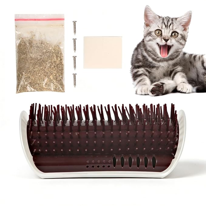 Cat Self Groomer Brush, Plastic Massage Comb with Soft Cat Corner Scratcher 12.6x8.3cm - Easy Mount Wall Scratcher, Removes Loose Hair, Perfect for Cats Grooming and Play (Coffee)