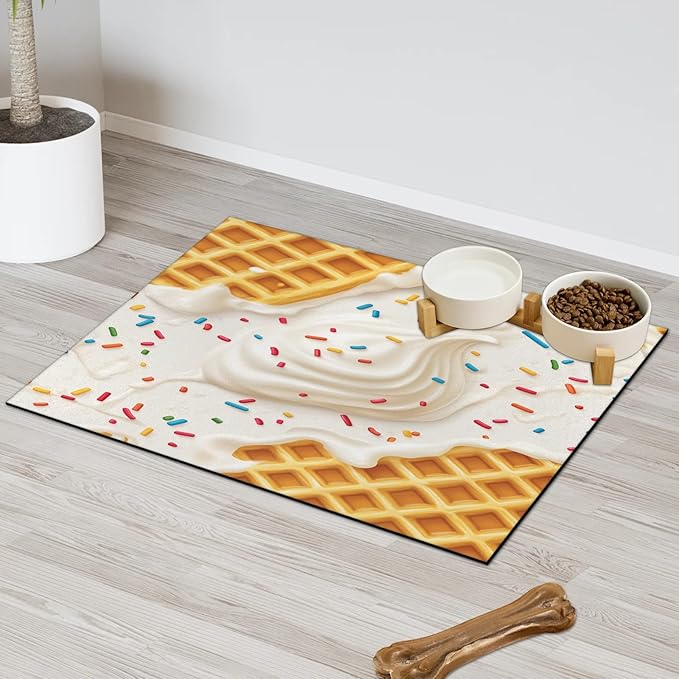 Ice Cream Dog Food Mat for Floors Absorbent Dog Bowl Mat for Food and Water Dispenser Quick Dry Cat Food Placemat Pet Supplies 12" x 20", Sweet Donut