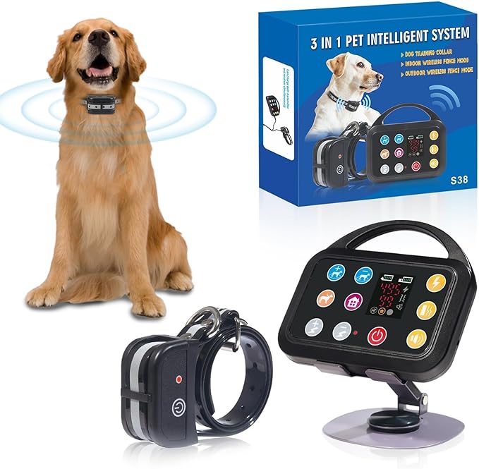 Plkm Wireless Dog Fence Electric Fence Indoor Outdoor Dog Training Collar Pet Intelligent 3 in 1 System, AI Technology Out-of-Range Reminder, Adjustable Range Shock Strength, Rechargeable Waterproof
