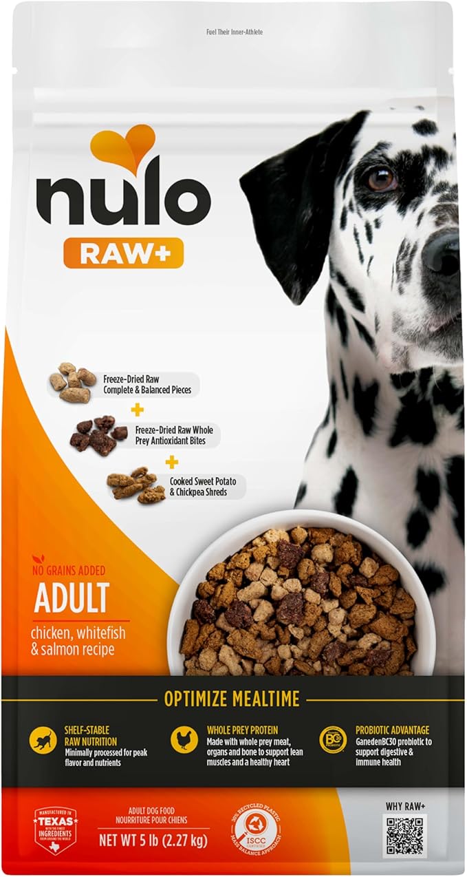 Nulo Freeze-Dried Raw+ Adult Dog Food, Chicken, Whitefish and Salmon, 5 lb Bag
