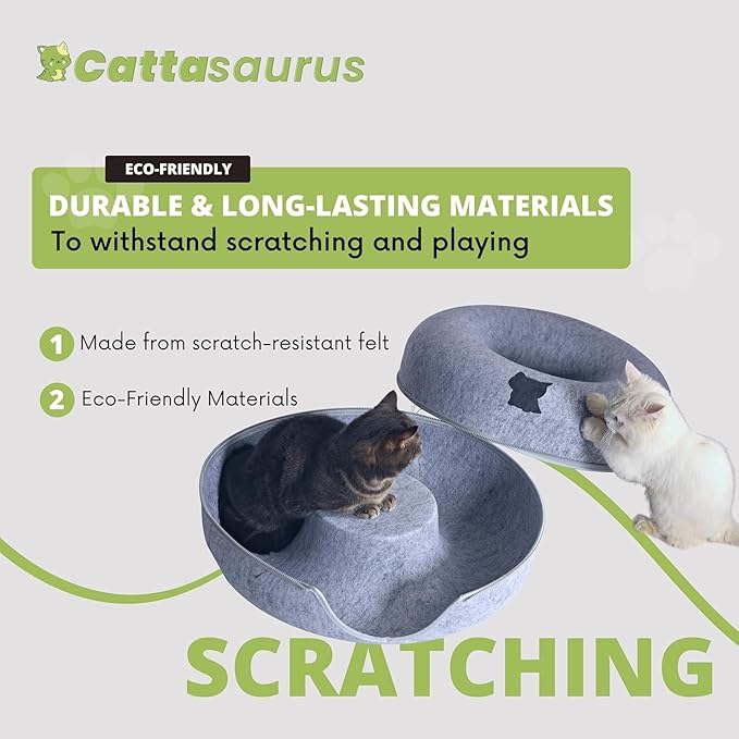 Cattasaurus Peekaboo Cat Cave Donut for Multiple & Large Cats up to 30-45 lbs, 3-in-1 Self Warming Cat Bed, Tunnel & Scratcher for Indoor Cats, Washable & Detachable Small Dog Bed (Brown, Large)
