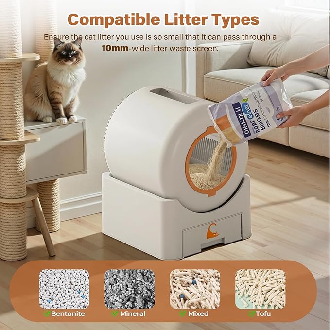 Automatic Self Cleaning Cat Litter Box, 75 L Large Capacity Smart Litter Box with Safety Sensors 1 Roll Trash Bags Included Whisper Quiet Cat Litter Box with App Remote Control for Multi Cats, White