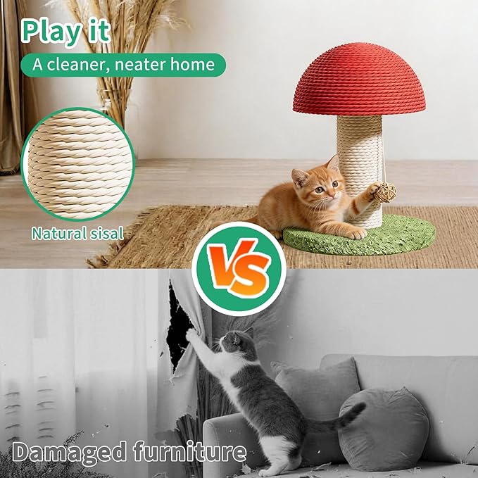 Cat Scratching Post & Cat Tree 6.3×7.1×11 in, Mushroom Shaped Small Cat Tower with Natural Sisal Rope, Durable Cat Scratcher & Cat Toy for Indoor Cats & Kittens