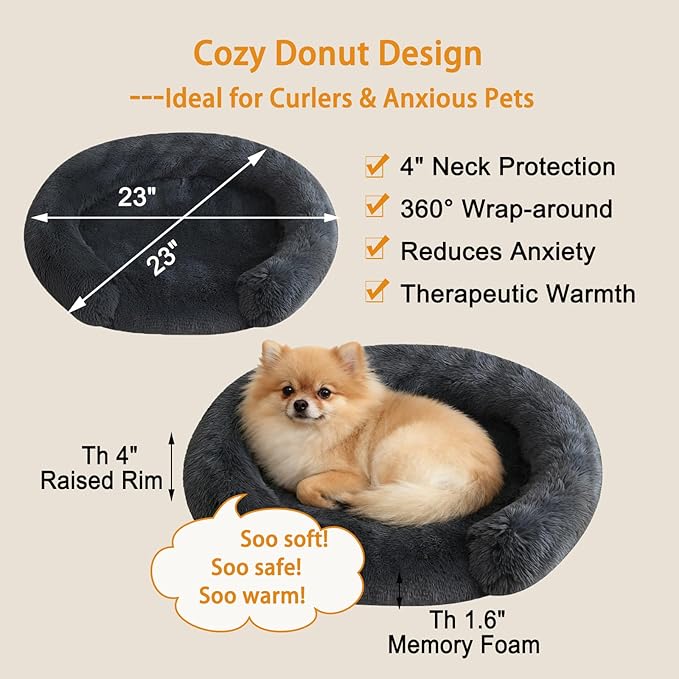 Calming Dog Bed for Small Medium Dogs, Anti-Anxiety Donut Washable Puppy Bed Orthopedic Cushion, Soft Fluffy Faux Fur Plush Warming Cozy Cat Bed Fits up to 25 lbs Pets (Round, Dark Grey 23")