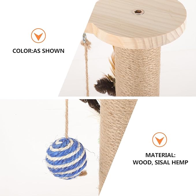 Toyvian Sisal Hemp Cat Scratching Post with Wear-Resistant Natural Fiber Freestanding Wooden Cat Claw Scratcher Tower with Teaser Random Color