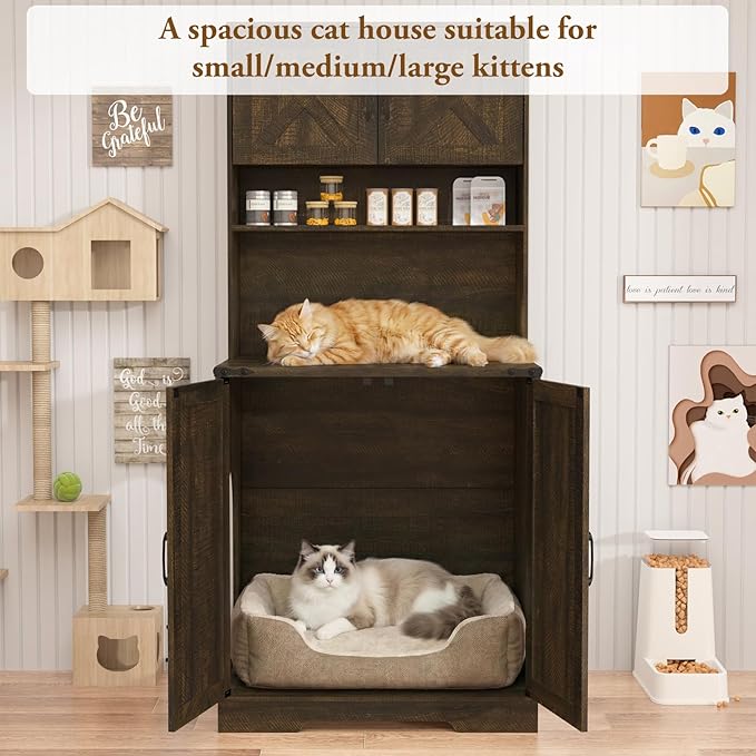 71Inches Tall Cat Litter Box Enclosure for Cats W/Power Outlets,Open Shelves.Wooden Pet Washroom Furniture W/Locks,Cabinet.White Indoor Cats House,Hidden Cat Litter Box for Living Room,Bedroom