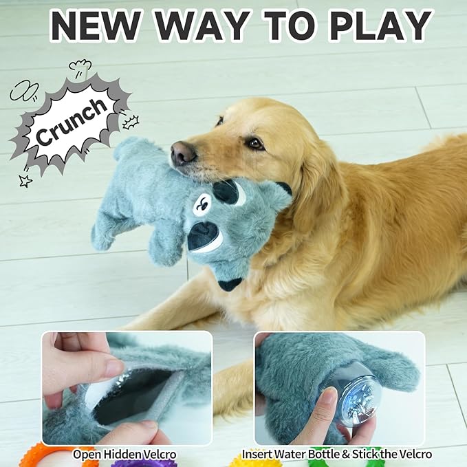Mihachi No Stuffing Crinkle Dog Toys,2-in-1 Holds Water Bottles-Cruncher with Puncture Resistant Squeaker, Dog Squeak Toys Plush Dogs Chew Toy for Small Medium Large Breed Chewer, Raccoon