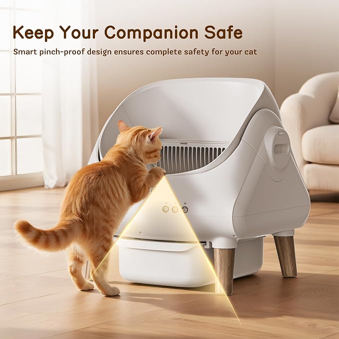 Self Cleaning Litter Box for Multiple Cats, Automatic Cat Litter Box with App Control, Open Top Design, Safety Protection, Ultra-Quiet, Waste Bags, Large Waste Bin & Brush (White) (Wooden)