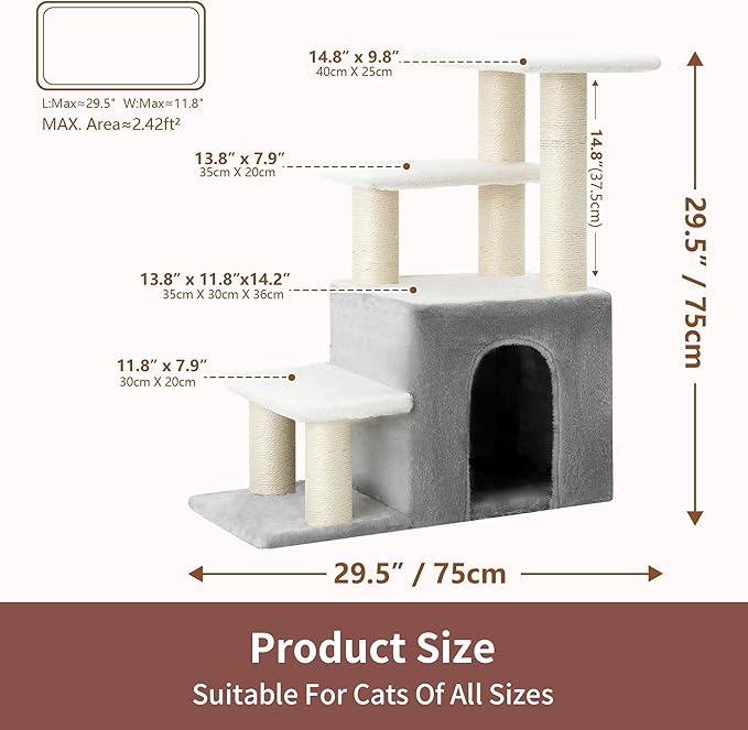 Heybly Pet Stairs for Cats, 29.5 inch High Dog Steps for Small Doggie Rabbits, 9.8''Depth Cat Stairs, Indoor Cat Ladders for High Bed for Pet's Joints, 1 Condo Cave, 6 Sisal Scratcher HSP002SWWH