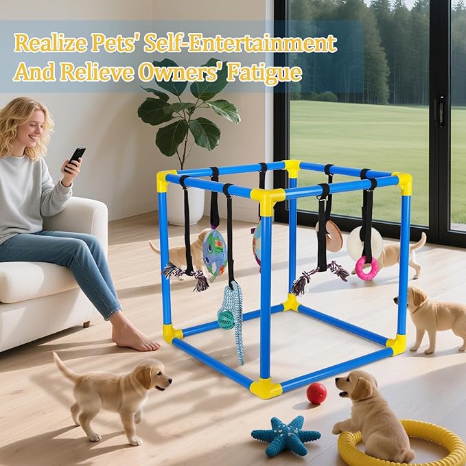 Liitrton Puppy Play Gym - Small Dogs Play Gym with 8 Hanging Toys, Indoor Puppy Jungle Gym with Interactive Dog Enrichment Toys, 19.5"x19.5"x19.5" PVC Frame (Blue)
