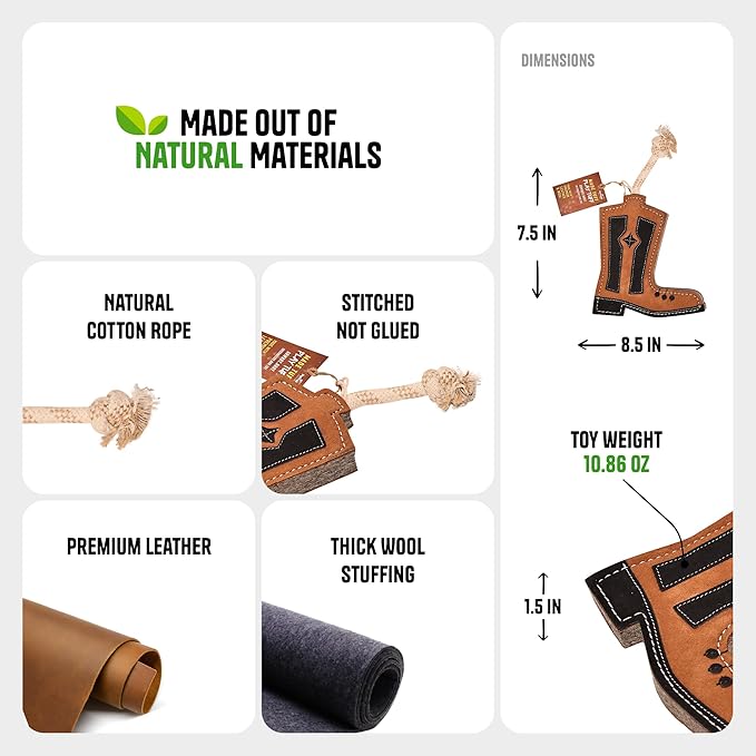 Cowboy Boot Leather Chew Toy for Dogs - Extra Thick Wool, Stitched & Real Leather Dog Toy for Small, Medium & Large Dogs - Durable & Safe Chew Toys for Puppies