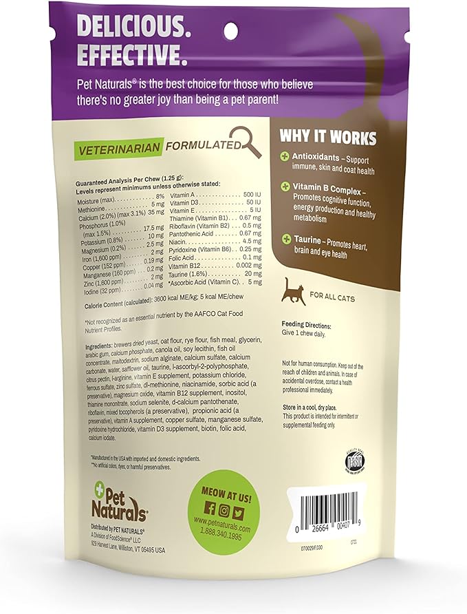 Pet Naturals Daily Multivitamin for Cats with Biotin, Taurine and Arginine, 30 Fish Flavored Chews