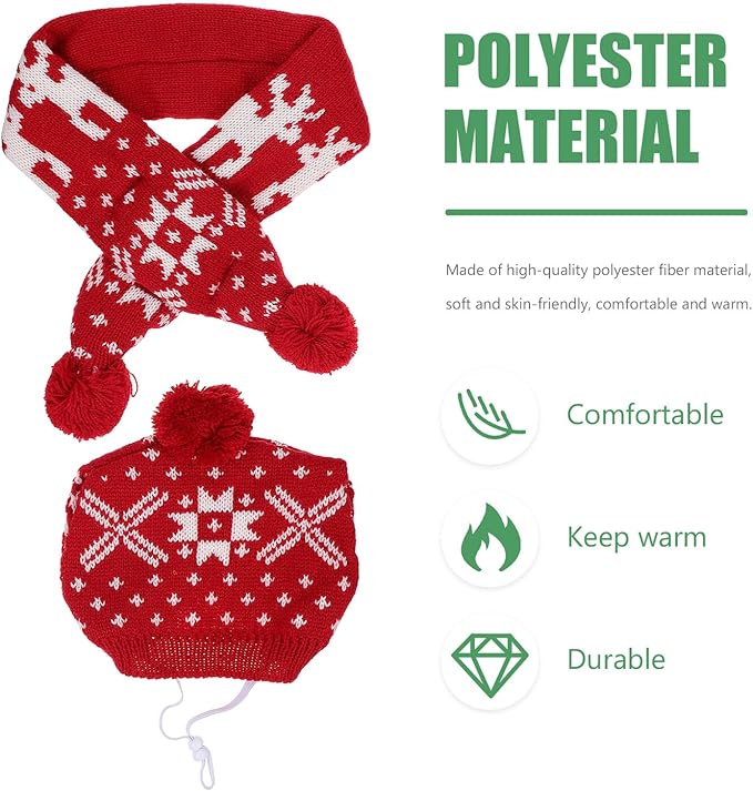 Pet Hat and Scarf Set for Dogs, Knitted Christmas Winter Warm Red Snowflake Reindeer Design, Large Size, Holiday Costume Supplies for Puppies and Small Dogs