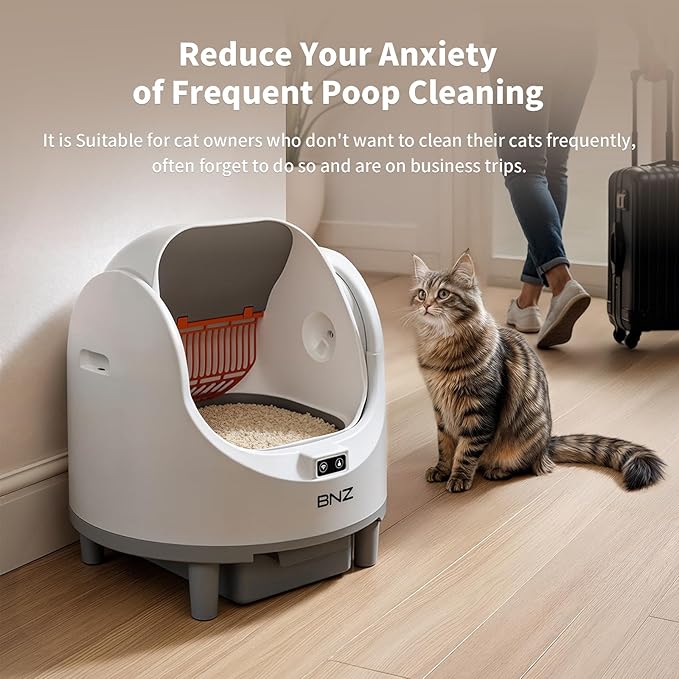 BNZ Self-Cleaning Cat Litter Box, Automatic Cat Litter Box for Multiple Cats, with Safety Sensors, Open Top, White