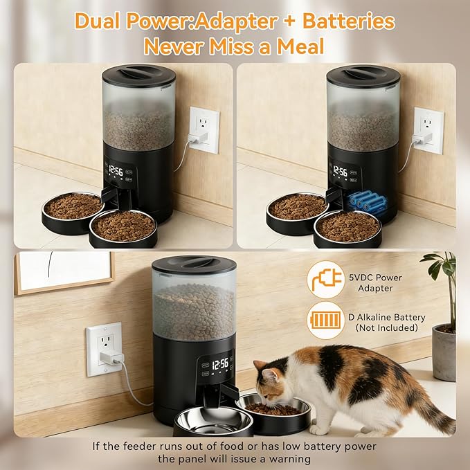 NEWBULIG Automatic Cat Feeder for 2 Cats, 6L Timed Pet Feeders with 10s Voice Recorder, Dog Food Dispenser, Dry Food, 6 Meals, Programmable 50 Portions, Dual Power Supply