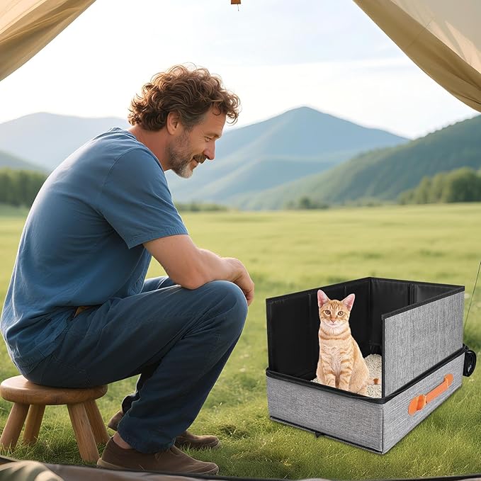 Portable Cat Litter Box - Folding Travel Pan, Compact Pet Container, Waterproof Poop Holder, Easy Clean Design | Lightweight Storage Organizer, for Road Trips Camping Apartment Car Hotel Indoor Cats