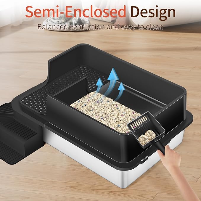 XXXL Stainless Steel Litter Box, 28"x20"x12" Extra Large Semi Enclosed High Sided Metal Cat Litter Box with Filtered Grid, Step, Scoop, Non-Sticky, Non-Odor, Easy Cleaning (Black)