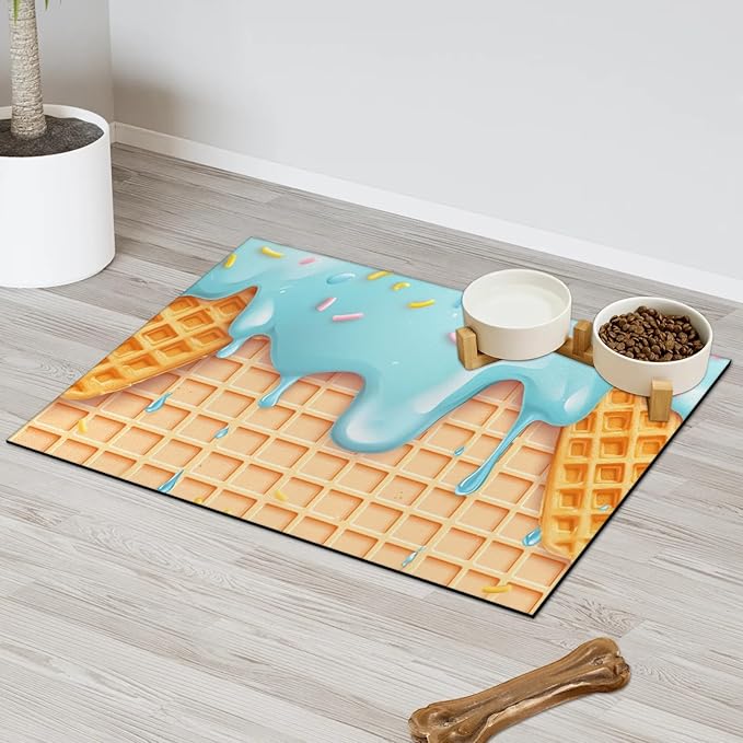 Ice Cream Dog Food Mat for Floors Absorbent Dog Bowl Mat for Food and Water Dispenser Quick Dry Cat Food Placemat Pet Supplies 17" x 30", Waffle