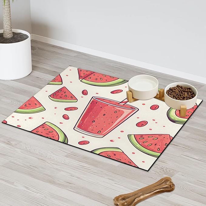 Watermelon Juice Dog Food Mat for Floors Absorbent Dog Bowl Mat for Food and Water Dispenser Quick Dry Cat Food Placemat Pet Supplies 12" x 20", Summer Fruit