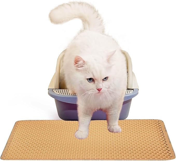 Cat Litter Mat, 21 x 14 Inch, Honeycomb Double Layer Design Cat Litter Box Mat, Washable Non-Slip, Waterproof Urine Proof Cat Litter Catcher Mat, Easy Clean Scatter Control, Yellow
