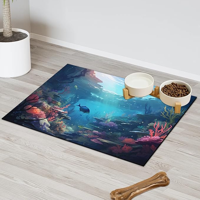 Ocean Sea Dog Food Mat for Floors Absorbent, Quick Dry Water Dispenser Mat for Food, Water, Pet Supplies 24" x 32", Underwater
