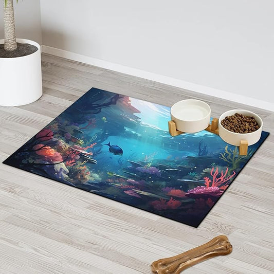 Ocean Sea Dog Food Mat for Floors Absorbent, Quick Dry Water Dispenser Mat for Food, Water, Pet Supplies 24" x 32", Underwater
