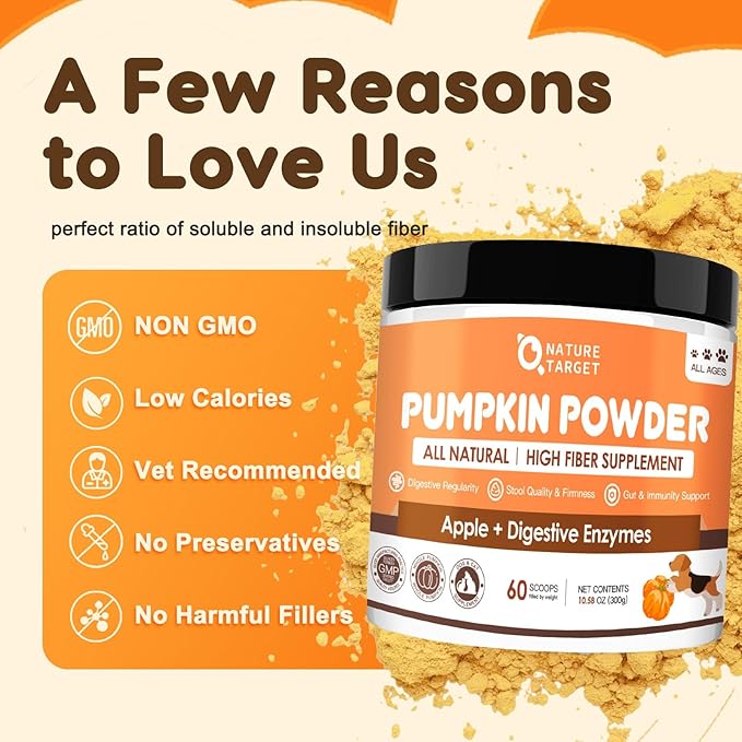NATURE TARGET Pumpkin for Dogs and Cats, Natural Fiber for Dogs, with Digestive Enzymes, Apple, Healthy Stool and Digestive Support, Diarrhea, Constipation Relief, Pumpkin Powder for Dog to Make Puree
