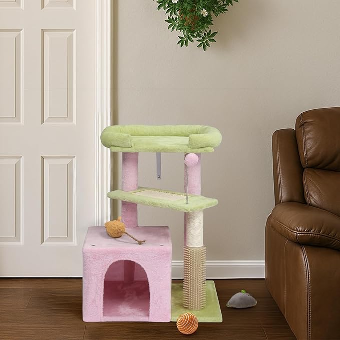 27.5in Plush Cat Tree, Multi-Level Cat Tower with Scratching Post and Pad, Cozy Condo & Padded Perch, Dangling Ball for Kittens and Indoor Cats, Compact Cat Furniture for Small Spaces (Pink & Green)