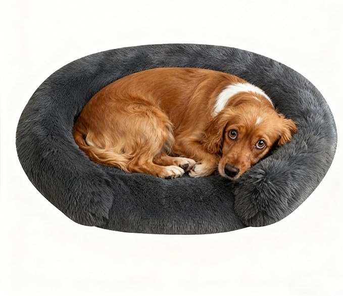Calming Cute Dog Beds for Medium Dogs, Orthopedic Cushion Anti-Anxiety Donut Cuddler Bed, Soft Fluffy Faux Fur Plush Warm Cozy Removable Cover Fits up to 35 lbs Pets (Round, Dark Grey 28")