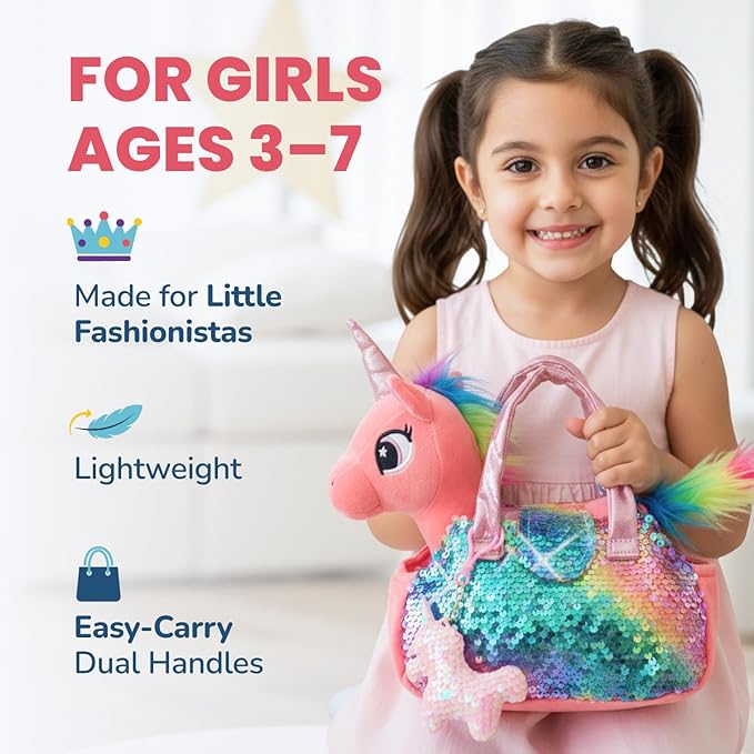 Little Jupiter Plush Pet Set w/Purse - Unicorn Stuffed Animals for Girls - Plush Toy Gift for Girls Ages 3-7 yrs (Coral Pink Unicorn)