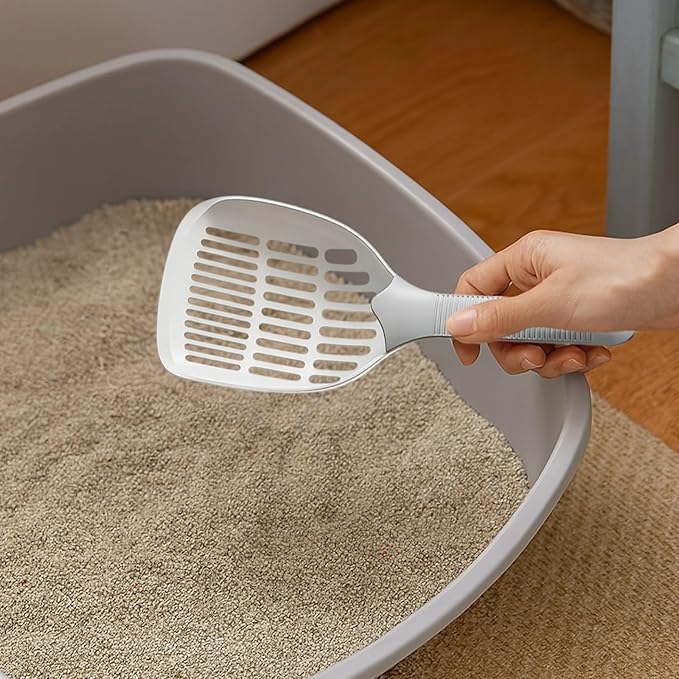 Large Cat Litter Scooper with Long Handle, 4.6 in Scoop, Sifting Design, Solid One-Piece, Grey Scooper with Hook