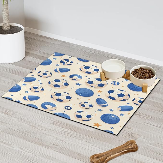 Soccer Dog Food Mat for Floors Absorbent, Quick Dry Water Dispenser Mat for Food, Water, Pet Supplies 16" x 24", Football Ball