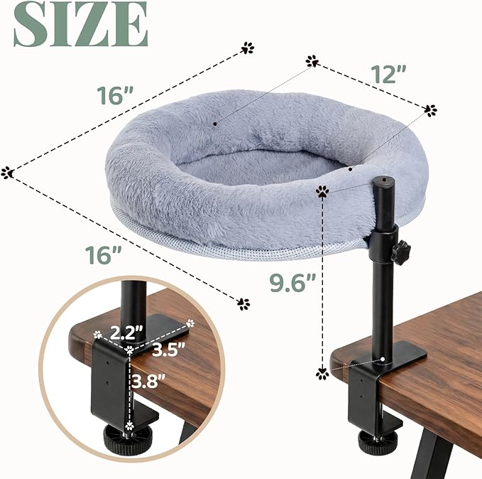Cat Desk Bed with Clamp – Adjustable Height & 360° Rotation Desk Cat Hammock Perch, Space-Saving Cat Bed with Removable Washable Cushion for Home Office & Remote Work Cat Owners on Small Apartments