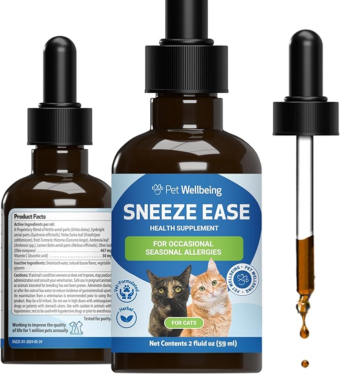 Pet Wellbeing Sneeze Ease for Cats - Occasional Sneezing, Seasonal Allergies, Nose and Eye Discomfort, Eyebright, Nettles - Veterinarian-Formulated Herbal Supplement 2 oz (59 ml)