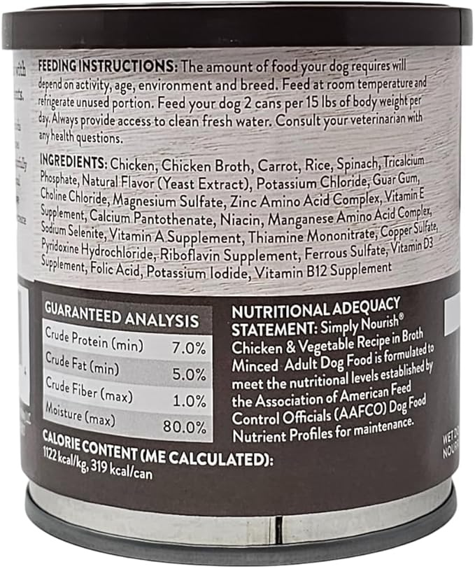 SIMPLY NOURISH Adult Chicken & Vegetable Recipe in Broth Minced. Four Ten Ounce Cans and Biggs Dog Waste Bags.