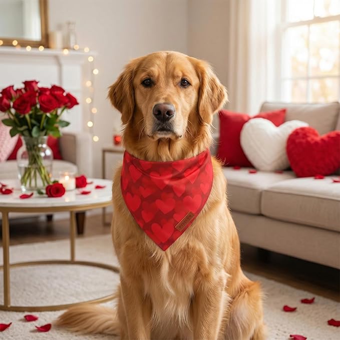 PTDECOR Valentines Dog Bandana, Reversible Red Heart Valentine Pet Scarf, Premium Durable Fabric, Red Bandanas for Extra Large Dogs (X-Large)