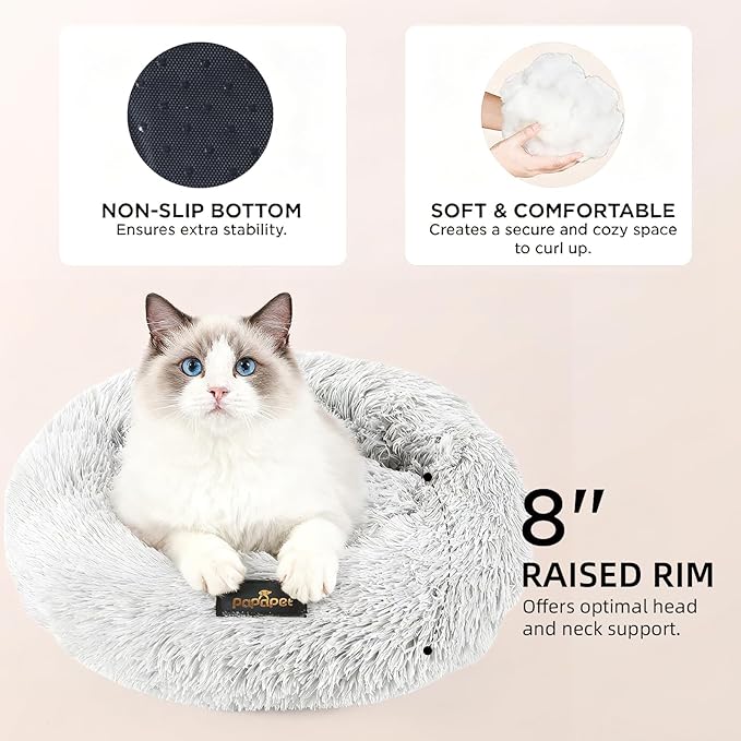 PaPaPet Premium Small Donut Cat&Dog Bed, Ultra Soft Washable Dog and Cat Bed, Plush Long Pile Faux Fur Fabric, Portable Grey Pet Bed Furniture for Puppies Adult Canines & Cats (20'', Grey)