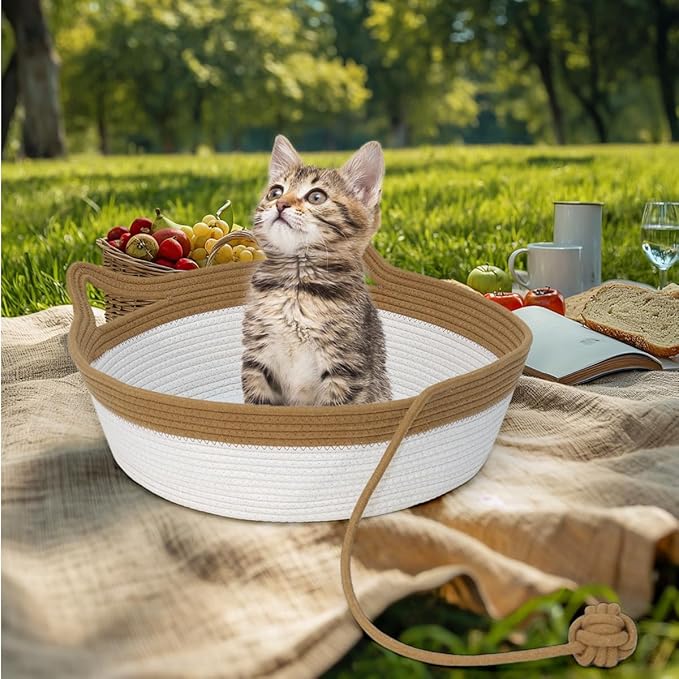 Cotton Rope Cat Bed, Foldable Sleeping Basket with Playing Rope Ball, Hand Woven Small Dogs Sofa Bed, Kitten Shaped House for Pets (Medium, Brown & Beige)