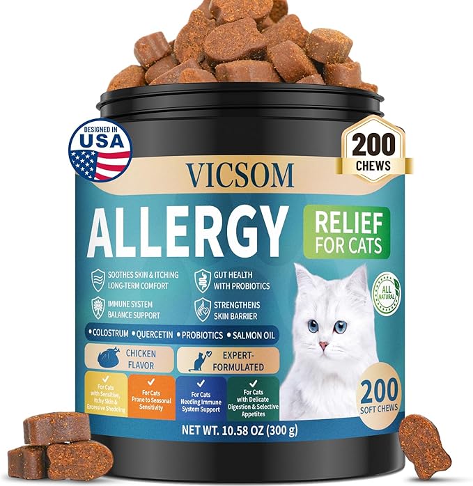 200 Natural Cat Allergy Relief Chews, Cat Itchy Skin Allergy Relief & Immune Support Chews for Seasonal Allergies Cats, Itch Relief for Cats Paws, Eyes, Ears, Stop Licking & Scratching, Chicken Flavor