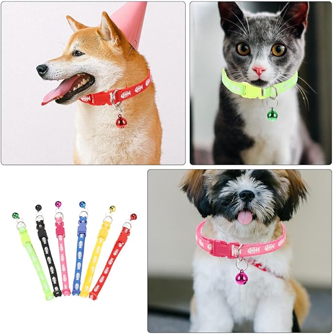 6pcs Fishbone Pattern Pet Collar Set with Bell, Mixed Colors Cat and Puppy Collar, Lightweight Outdoor Household Kitten and Dog Supply Random Color