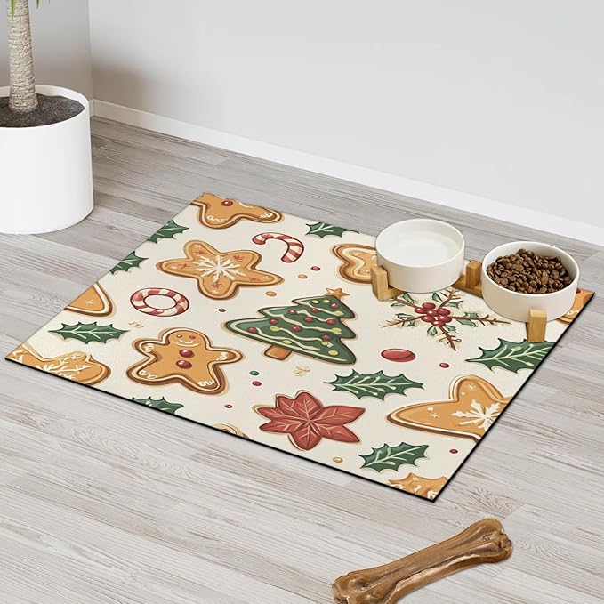 Christmas Tree Dog Food Mat for Floors Absorbent, Quick Dry Water Dispenser Mat for Food, Water, Pet Supplies 16" x 24", Xmas Gingerbread