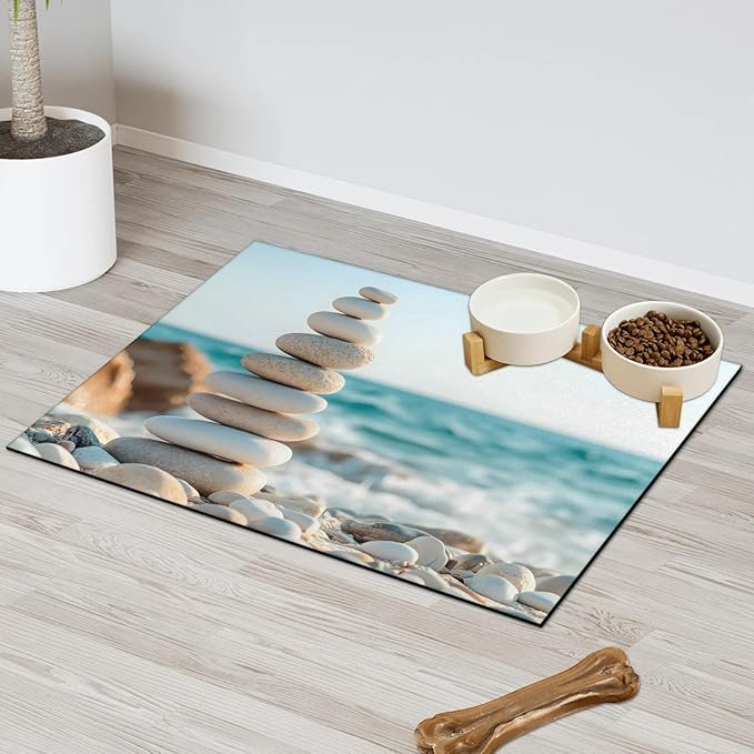 Stone Dog Food Mat for Floors Absorbent, Quick Dry Water Dispenser Mat for Food, Water, Pet Supplies 12" x 20", Beach Ocean
