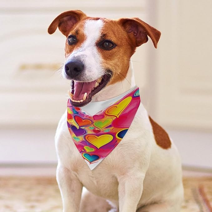 Dog Bandana Spring Pet Scarf Adjustable Triangle Colourful Heart Printing Dog Bib Washable Polyester Puppy Bandana for Small Medium Large Dogs Cat Birthday Party Supplies