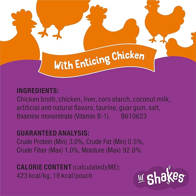 Friskies Purina Pureed Cat Food Topper,Lil’ Shakes with Enticing Chicken Lickable Cat Treats - 1.55 oz. Pouches,(Pack of 32)