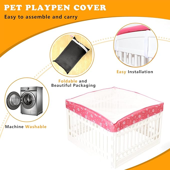 Dog Playpen Mesh Top Cover for 36" Inch Pet Playpen with 4 Panels,[ Note: Playpen Not Included] Dog Crate Cover Pet Tent Puppy Play Pen Cover, Ideal for Indoor/Outdoor Use. (Pink)