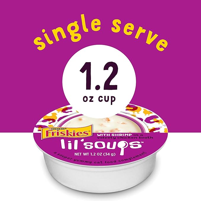 Purina Friskies Natural, Grain Free Wet Cat Food Lickable Cat Treats, Lil' Soups with Shrimp in Chicken Broth - 1.2 oz. Cup (Pack of 16)