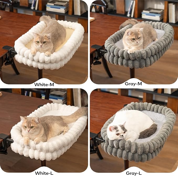 CHEERPALS Cat Desk Bed with Reversible Cushion, 90°Foldable Cat Hammock for Desk Mounted, Suitable for Medium-to-Large Cats and Puppy, Clowd Series(White, Medium)